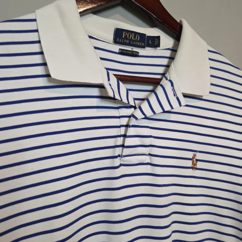 Polo Ralph Lauren Slim Fit Striped Polo Shirt White Navy Logo Men's Size L